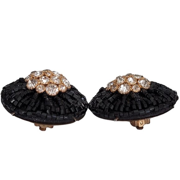 Black Glass Seed Bead Clear Prong Set Rhinestone Clip On Earrings K649 - Picture 3 of 7